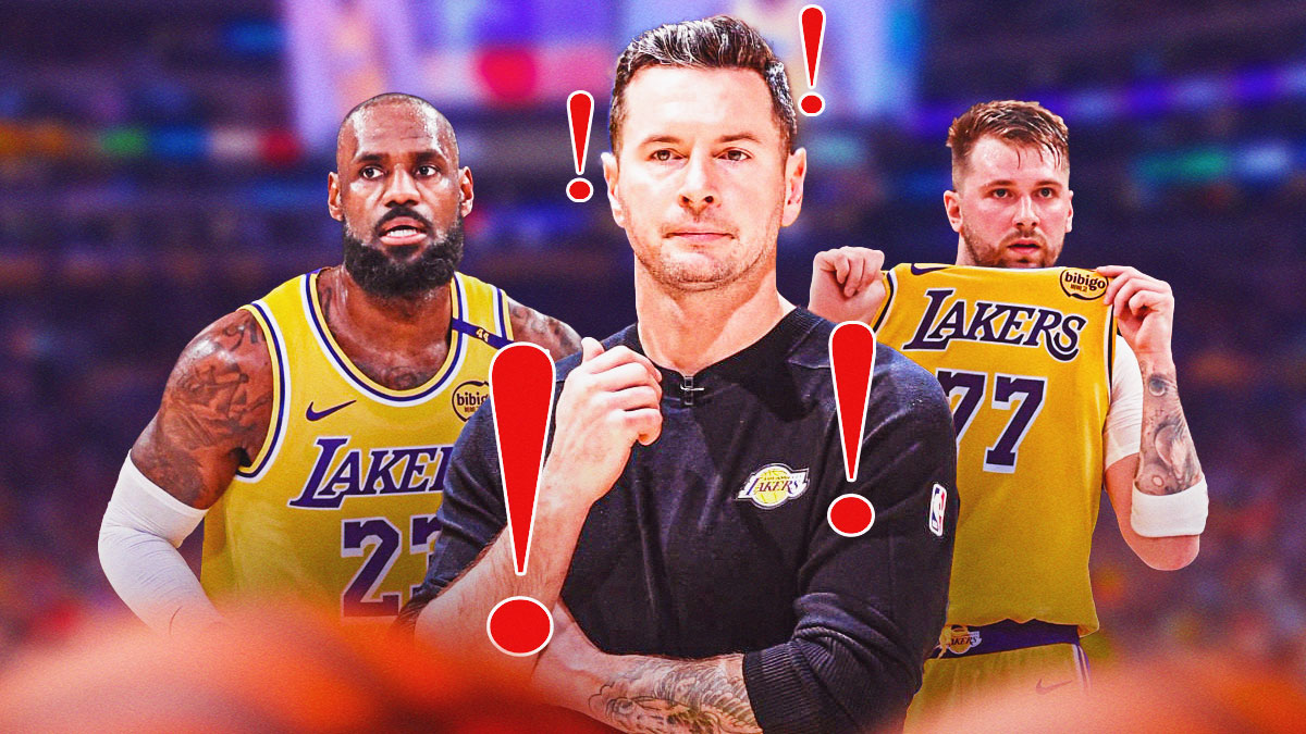 Lakers' JJ Redick with exclamation marks all over him with Luka Doncic and LeBron James beside him