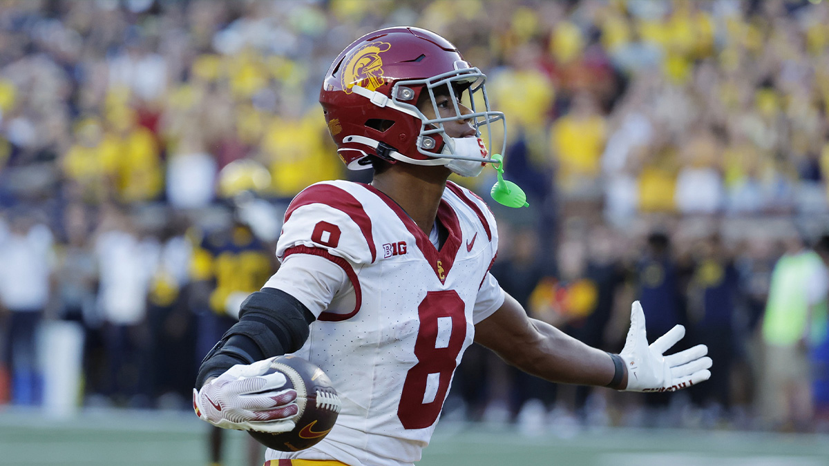 USC Trojans wide receiver Ja'Kobi Lane (8) celebrates a touchdown in the second half against the Michigan Wolverines at Michigan Stadium