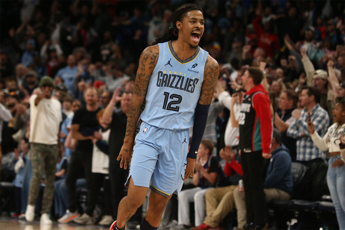 Memphis Grizzlies guard Ja Morant (12) reacts during over-time against the Phoenix Suns at FedExForum.