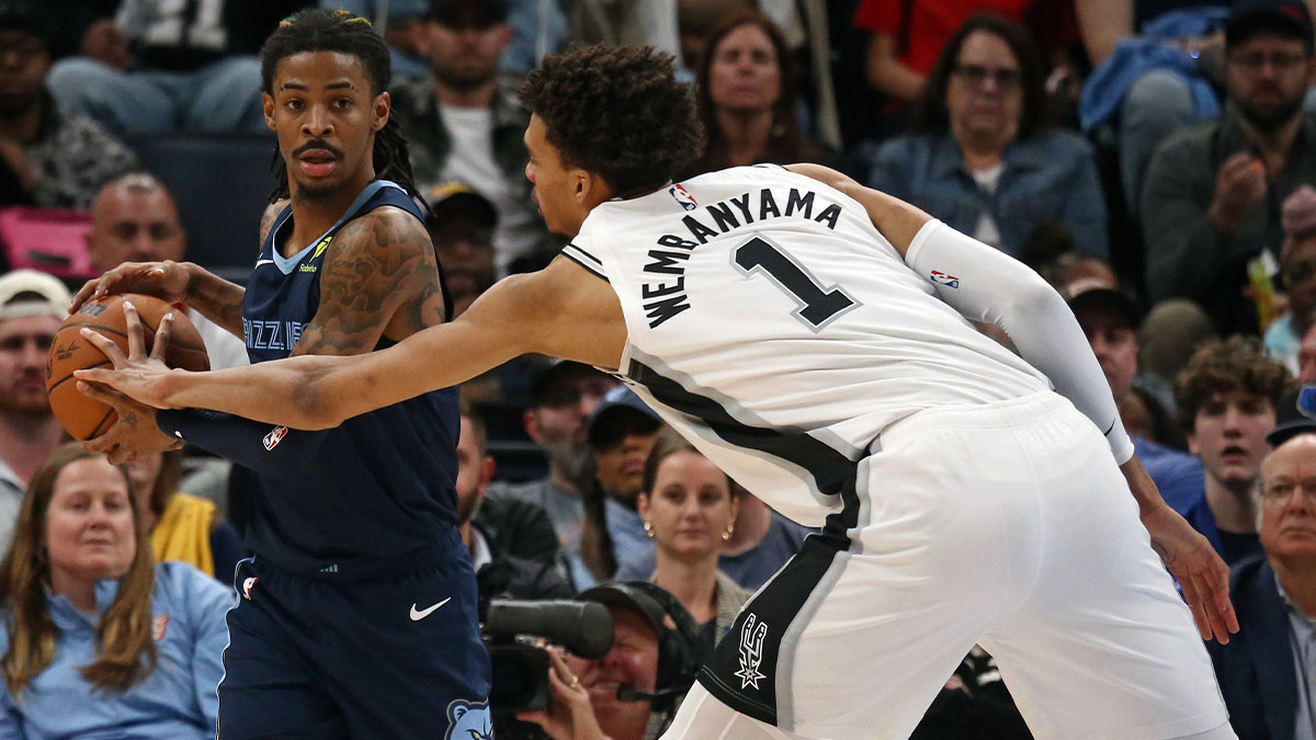 Memphis Grizzlies Guard Ja Morant (12) handles the ball as a San Antonio Spurs Center Victor Vembania (1) ends during the fourth quarter in FedExforum.