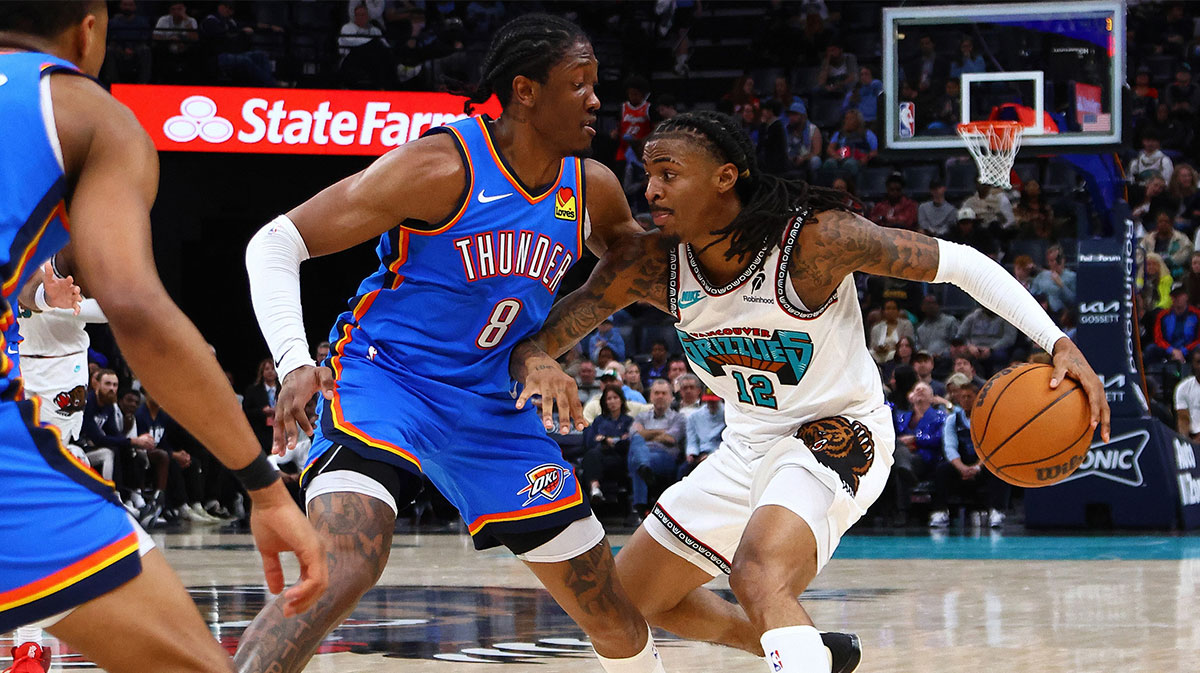 Memphis Grizzlies Guard Ja Morant (12) Drive to Cart as Oklahoma City Thunder Next Jalen Williams (8), Defend during the fourth quarter in Fedekforum.