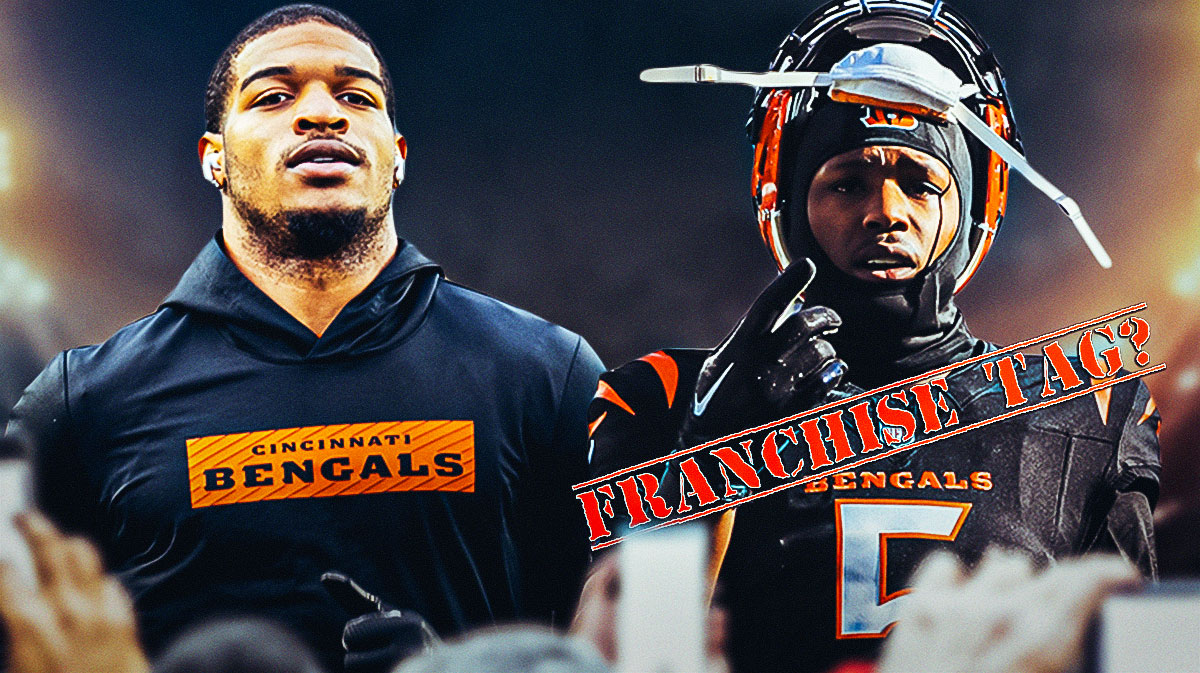 James Palmer with Tee Higgins in a Bengals jersey beside him. On Higgins himself, there's a stamp that says "Franchise Tag?" along with Ja'Marr Chase next to him, smiling.