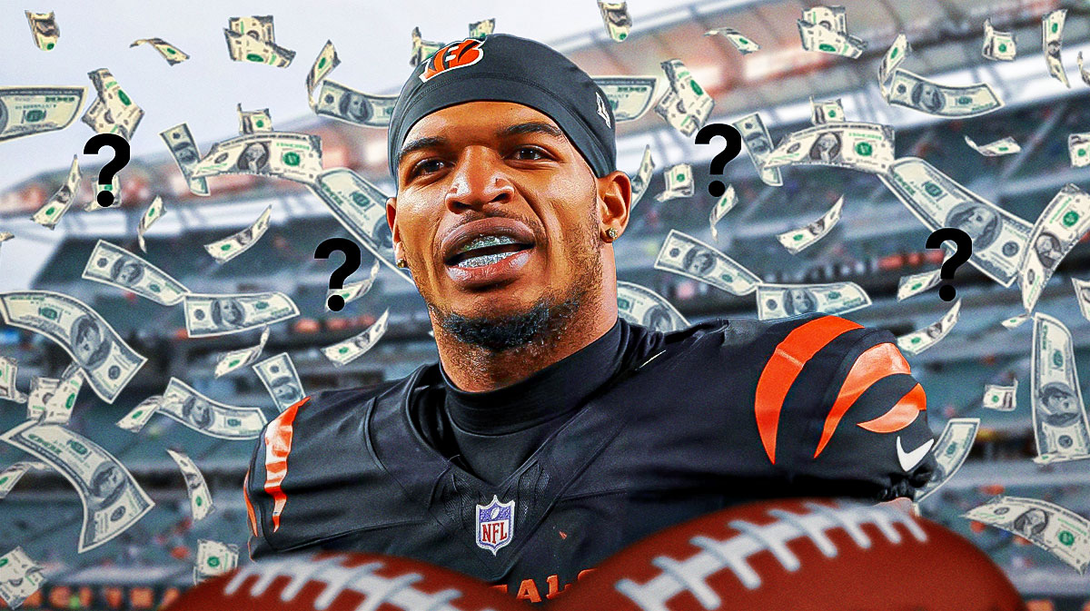 Bengals wide receiver Ja’Marr Chase sitting on an NFL bench, with money bags and question marks around him.