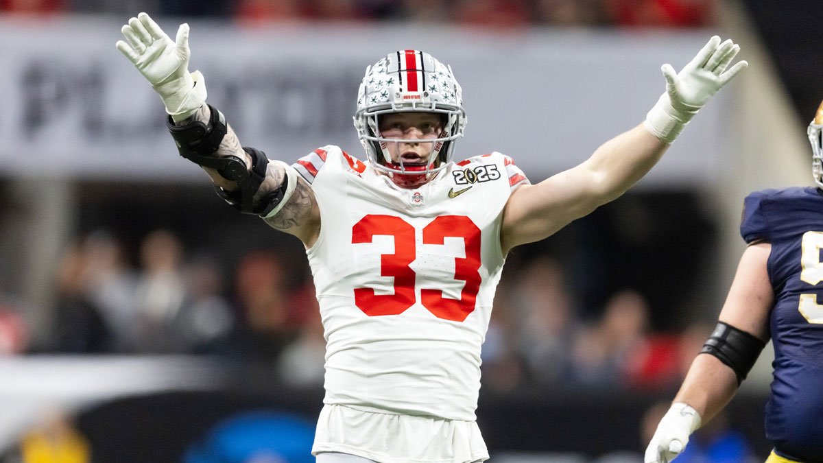 Ohio State Buckeyes defensive end Jack Sawyer (33) reacts against the Notre Dame Fighting Irish during the CFP National Championship college football game at Mercedes-Benz Stadium.