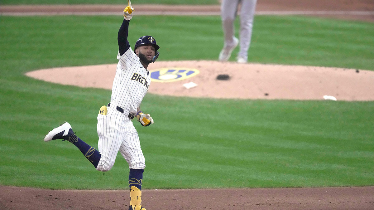 Brewers outfielder Jackson Chourio celebrates after hitting a solo home run during the first inning.