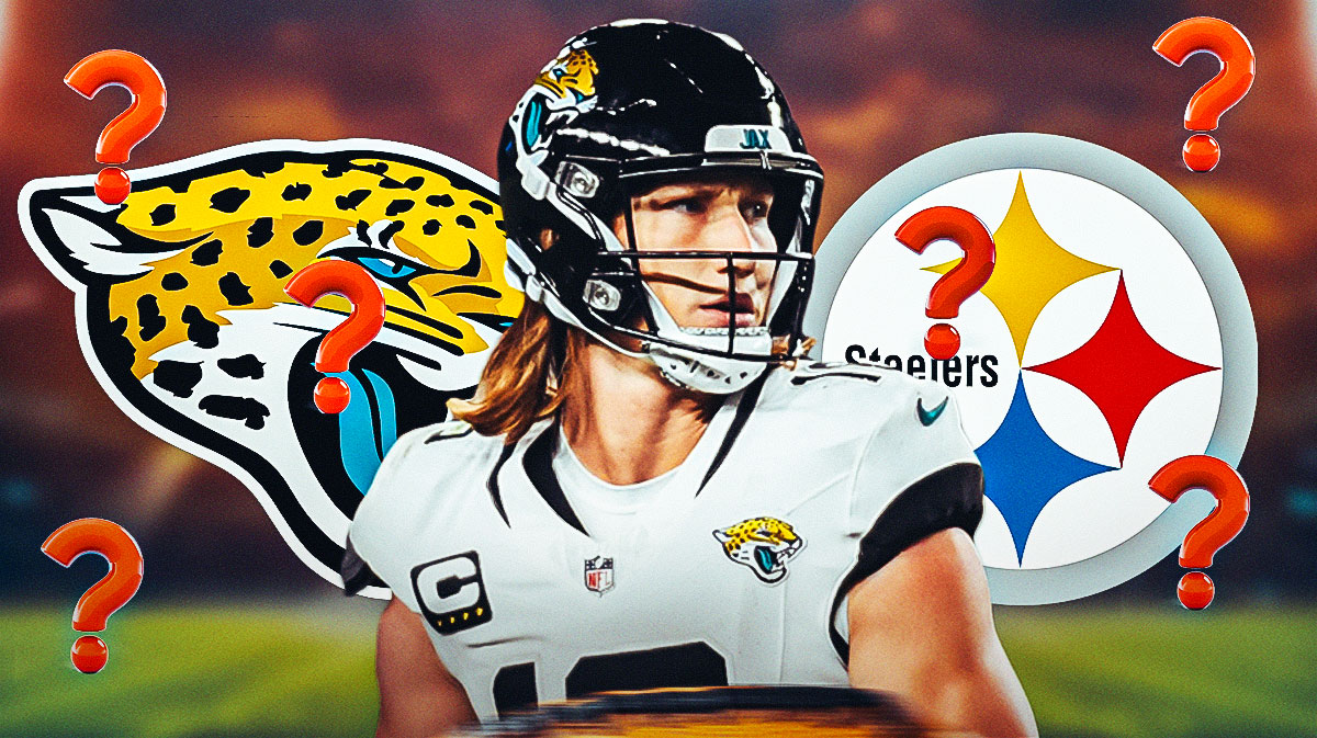 Jacksonville Jaguars QB Trevor Lawrence surrounded by question mark emojis. There are also logos for the Jacksonville Jaguars and Pittsburgh Steelers.