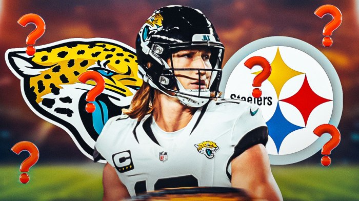 Jacksonville Jaguars QB Trevor Lawrence surrounded by question mark emojis. There are also logos for the Jacksonville Jaguars and Pittsburgh Steelers.