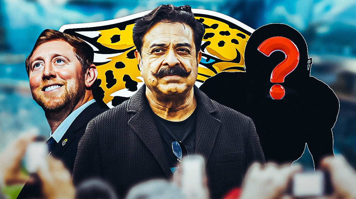 Jacksonville Jaguars owner Shad Khan with head coach Liam Coen and a silhouette of a man with a big question mark emoji inside. There is also a logo for the Jacksonville Jaguars.