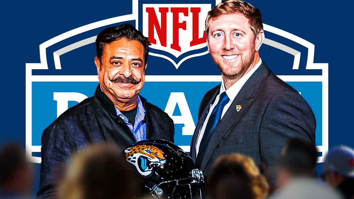 Liam Coen and Shad Khan with NFL draft logo between them