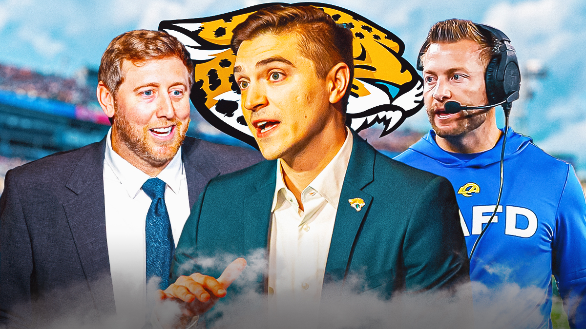 Jaguars GM James Gladstone in the middle with Jaguars coach Liam Coen on one side and LA Rams coach Sean McVay on the other side and a Jaguars logo behind them.