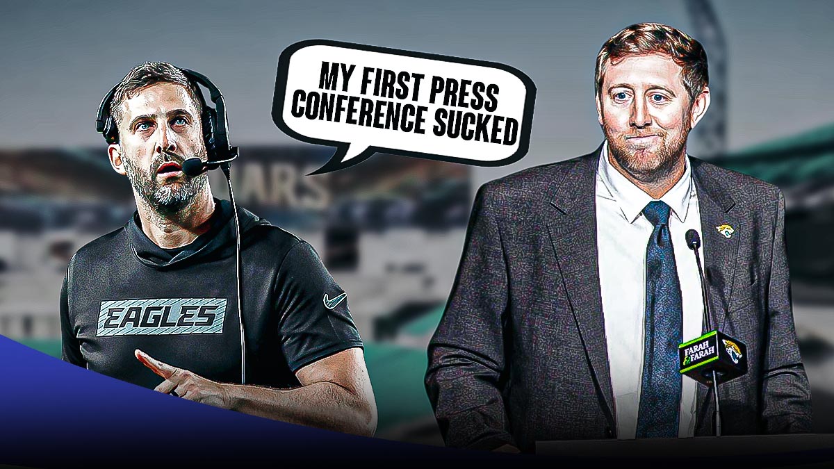 Nick Sirianni with a text bubble reading "My first press conference sucked" next to Liam Coen with the Jaguars stadium as the background.