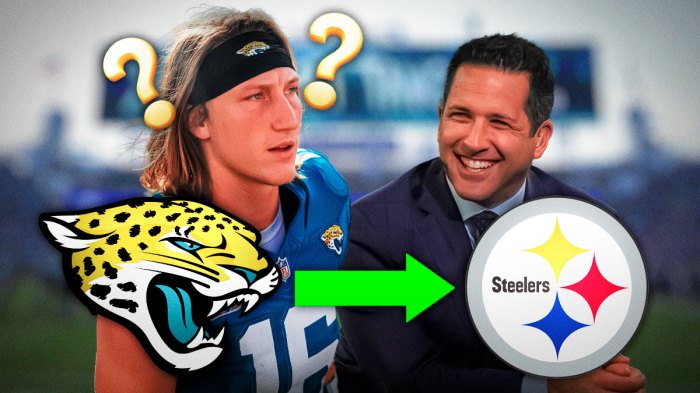 Jaguars QB Trevor Lawrence next to ESPN's Adam Schefter. Lawrence has multiple question marks above his head. In front of both, please put Jaguars logo with arrow pointing to Steelers logo. Background EverBank Stadium.