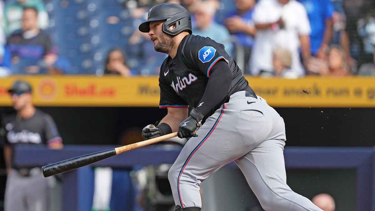 Miami Marlins designated hitter Jake Burger (36) hits a single against the Toronto Blue Jays during the first inning at Rogers Centre.