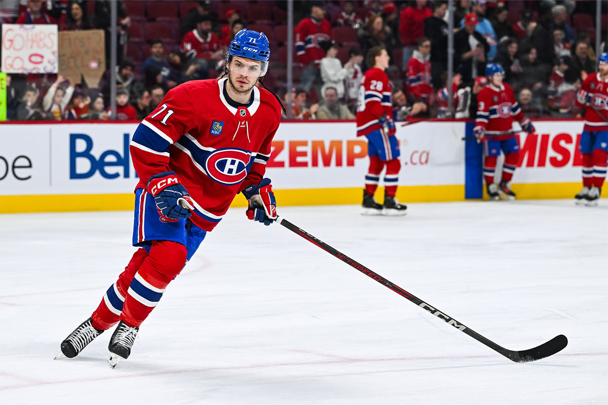 Montreal Canadiens center Jake Evans (71) skates during warm-up before the game against the New Jersey Devils at Bell Centre.