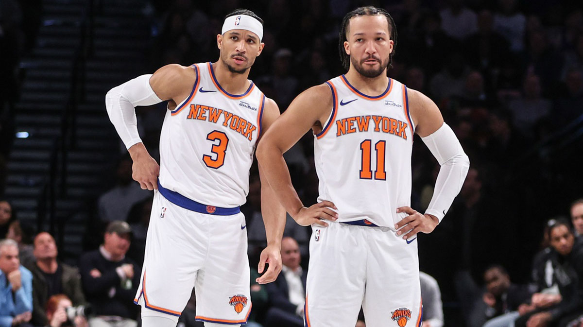 Jan 21, 2025; Brooklyn, New York, USA; New York Knicks guards Josh Hart (3) and Jalen Brunson (11) at Barclays Center. Mandatory Credit: Wendell Cruz-Imagn Images