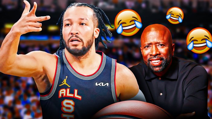 Jalen Brunson in an All-Star uniform, Kenny Smith. Cry laughing emojis all around him.