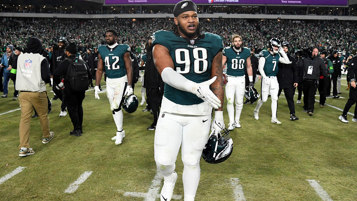 Jan 26, 2025; Philadelphia, PA, USA; Philadelphia Eagles defensive tackle Jalen Carter (98) on the field after defeating the Washington Commanders in the NFC Championship game at Lincoln Financial Field.