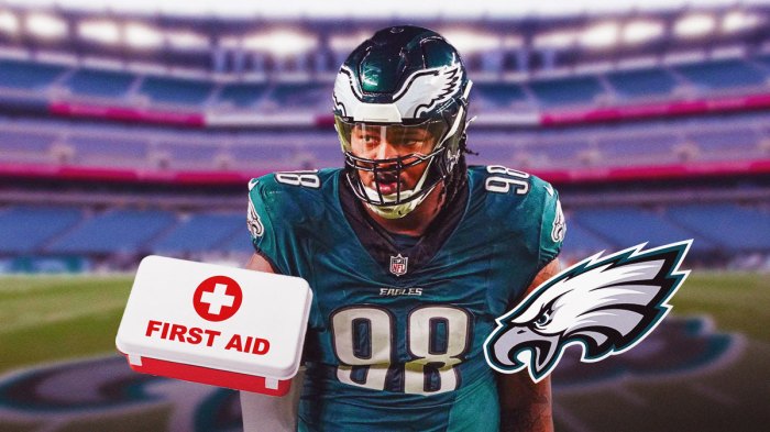 Jalen Carter next to Eagles logo with medical alert.