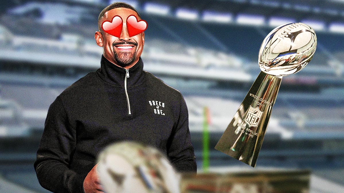 Jalen Hurts on one side with hearts in his eyes, the Lombardi trophy on the other side