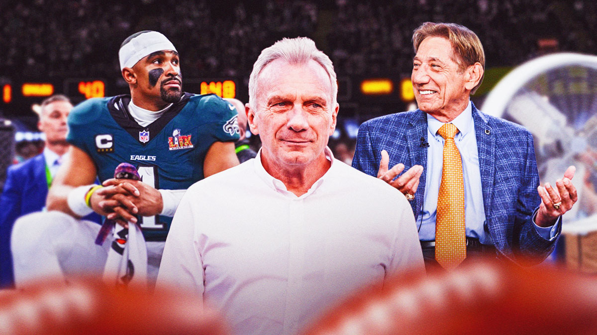 Jalen Hurts, Joe Montana, and Joe Namath sitting on a bench together.