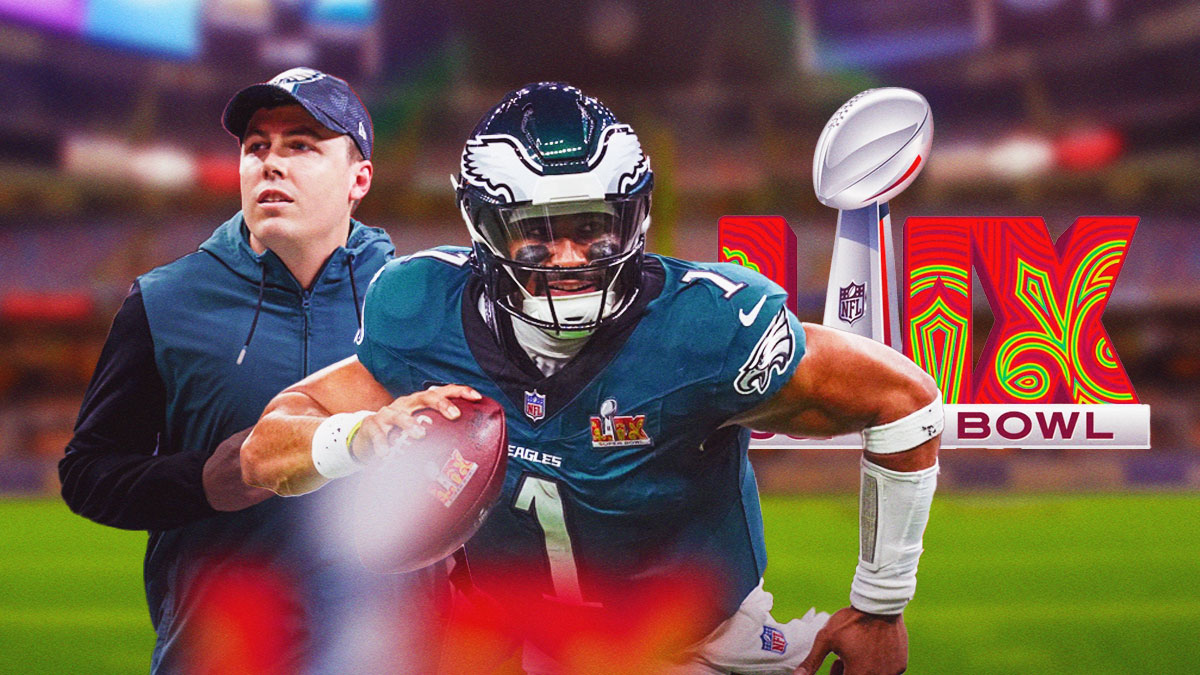 Philadelphia Eagles quarterback Jalen Hurts running the football in center, Philadelphia Eagles offensive coordinator Kellen Moore on left side, Super Bowl LIX logo on right side, Caesars Superdome (host of Super Bowl LIX and home stadium of the New Orleans Saints) in background
