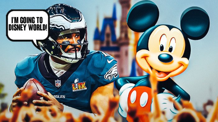 Philadelphia Eagles QB Jalen Hurts with a speech bubble that says "I'm going to Disney World!" He is next to Mickey Mouse. The background of the image is Walt Disney World in Orlando, Florida.