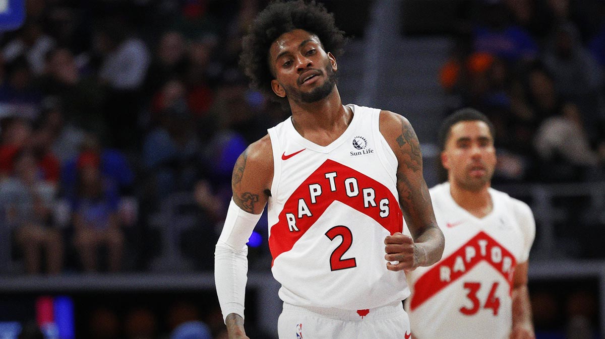 Toronto Raptors forward Jalen McDaniels (2) reacts in the second half against the Detroit Pistons at Little Caesars Arena.