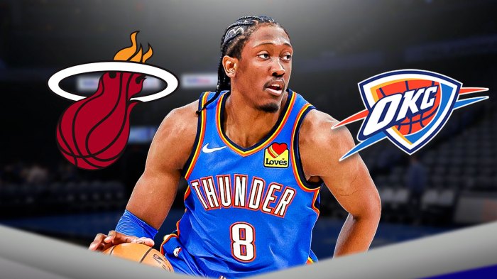Thunder All-Star Jalen Williams next to the Thunder and Heat logos with the Oklahoma City skyline in the background