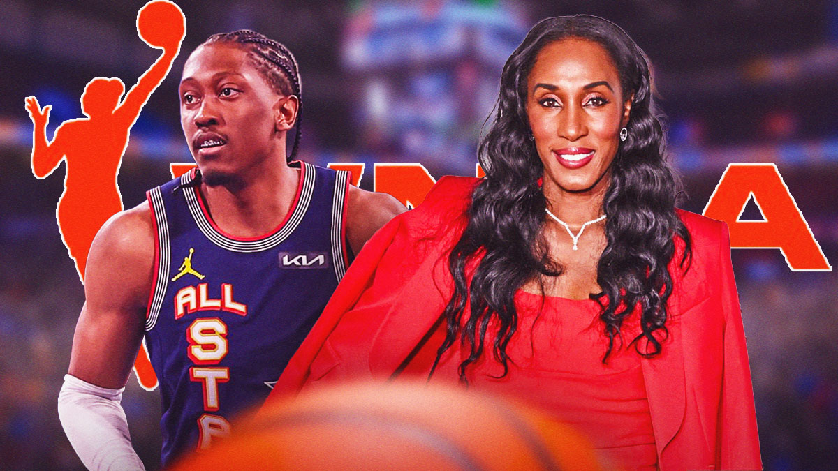 Thunder All-Star Jalen Williams (in his All-Star uniform) next to Hall of Fame center Lisa Leslie with the WNBA logo in the background