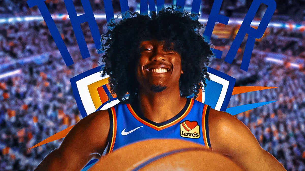 Thunder forward Jalen Williams with the Thunder and Kings logos next to him and the Paycom Center in the background