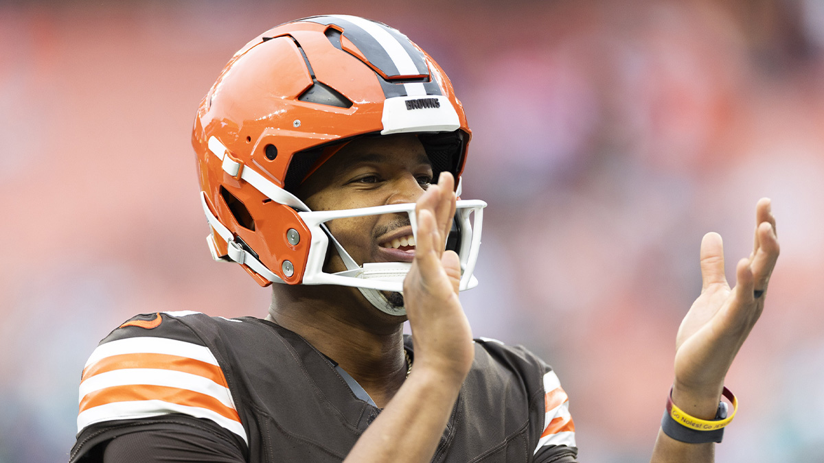 Cleveland Browns quarterback Jameis Winston (5) claps as they take the field for warm ups before the game against the Miami Dolphins at Huntington Bank Field.