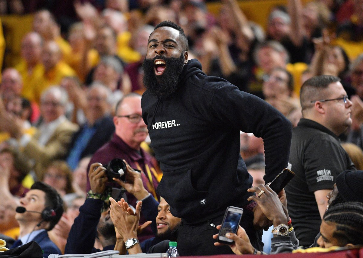 Houston Rockets guard James Harden and Arizona State Sun Devils former player attends a Sun Devils game against the Oregon Ducks during the first half at Wells-Fargo Arena.
