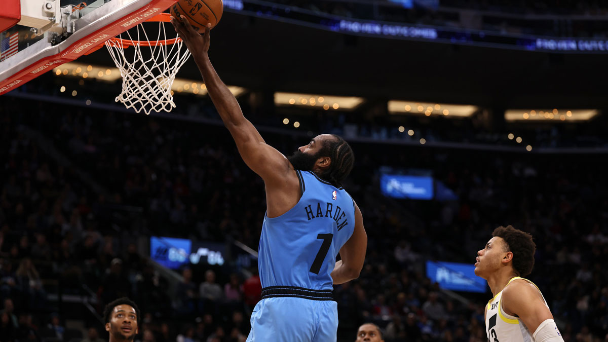 Los Angeles Clippers Guard James Harden (1) goes to the basket of last Utah Jazz Guard Keionte George (3) during the third quarter at Intuit Dome.