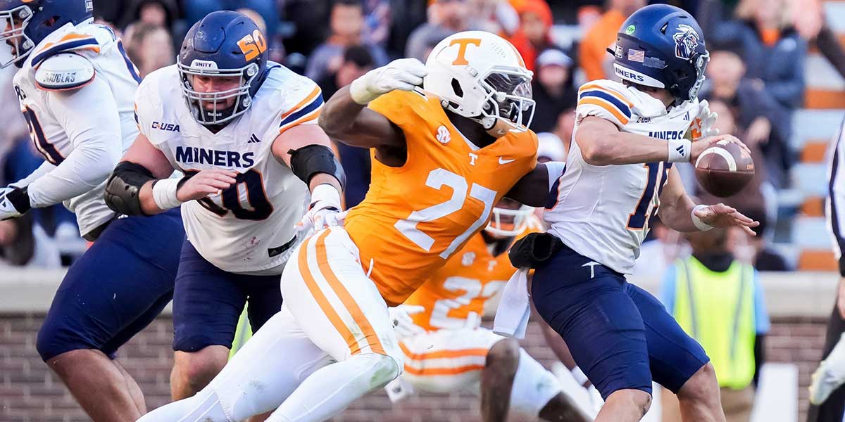 Tennessee defensive lineman James Pearce Jr. sacks UTEP quarterback JP Pickles during a college football game between Tennessee and UTEP at Neyland Stadium in Knoxville, Tenn., on Saturday, Nov. 23, 2024.