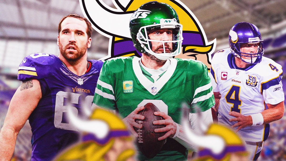 Jared Allen, Aaron Rodgers, Brett Favre, Minnesota Vikings logo in background