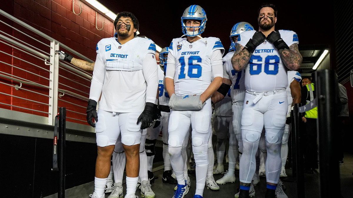 Detroit Lions offensive tackle Penei Sewell (58), quarterback Jared Goff (16) and offensive tackle Taylor Decker (68), ready to take the field against the San Francisco 49ers at Levi's Stadium in Santa Clara, Calif. on Monday, Dec. 30, 2024.