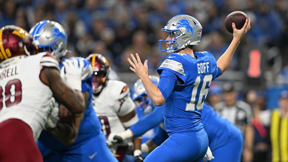 Jan 18, 2025; Detroit, Michigan, USA; Detroit Lions quarterback Jared Goff (16) throws a pass during the first quarter against the Washington Commanders in a 2025 NFC divisional round game at Ford Field.