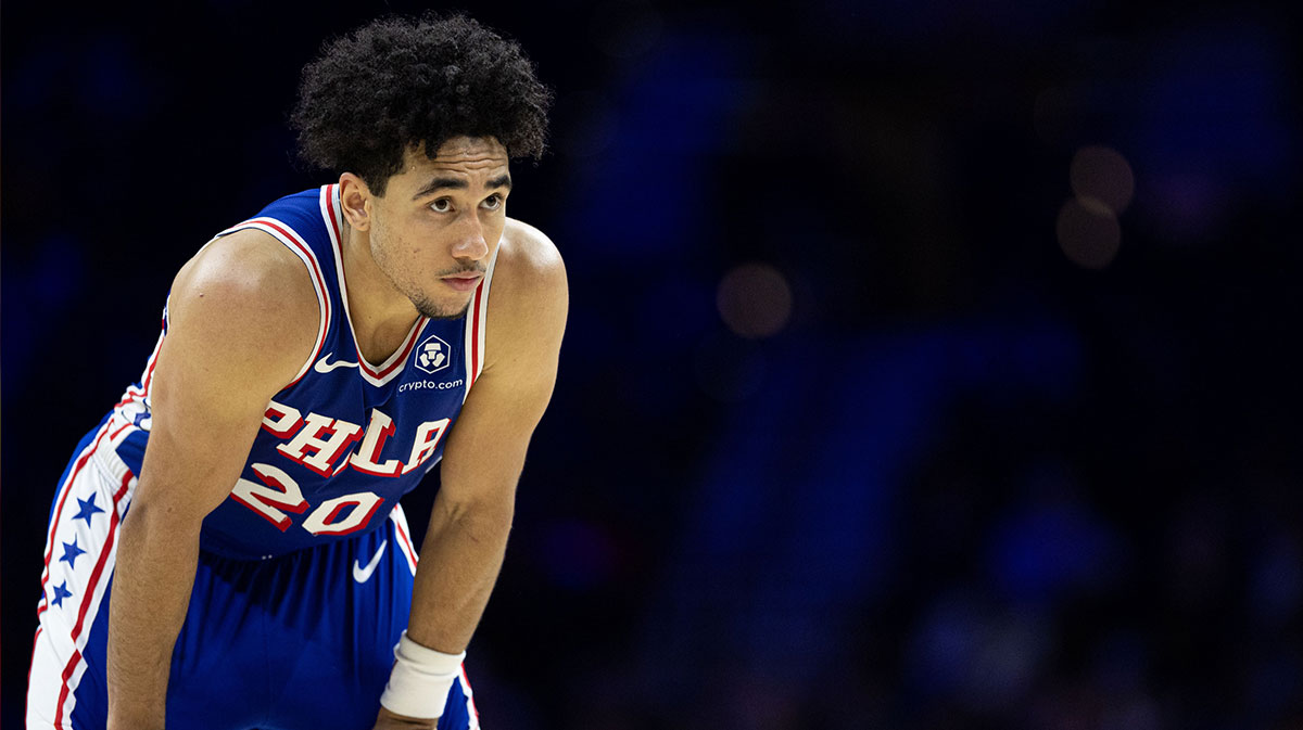 Philadelphia 76ers guard Jared McCain (20) looks on against the Orlando Magic during the fourth quarter at Wells Fargo Center