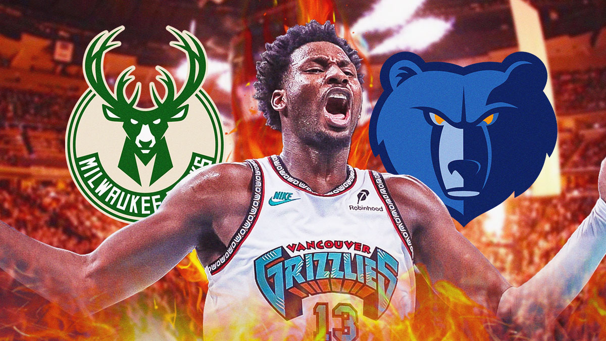 Jaren Jackson Jr., Memphis Grizzlies and Milwaukee Bucks logos in background, fire symbols surrounding Jackson
