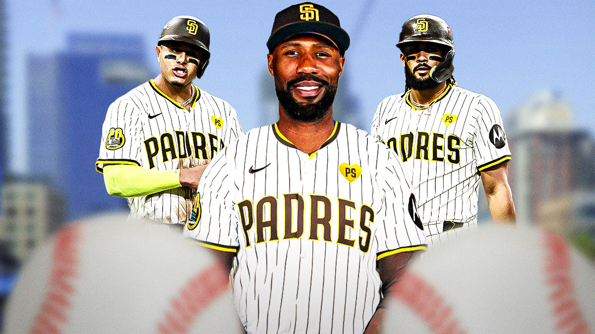 Padres' Manny Machado, Jason Heyward, Fernando Tatis Jr., Petco Park behind them