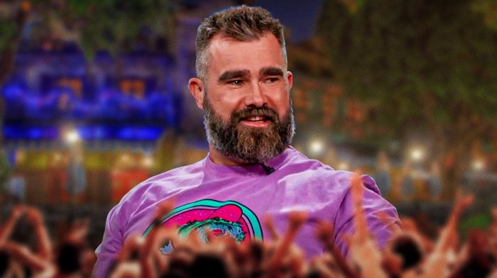 Jason Kelce with New Orleans square behind him, where he and Marriott held a lookalike contest before Super Bowl 59.