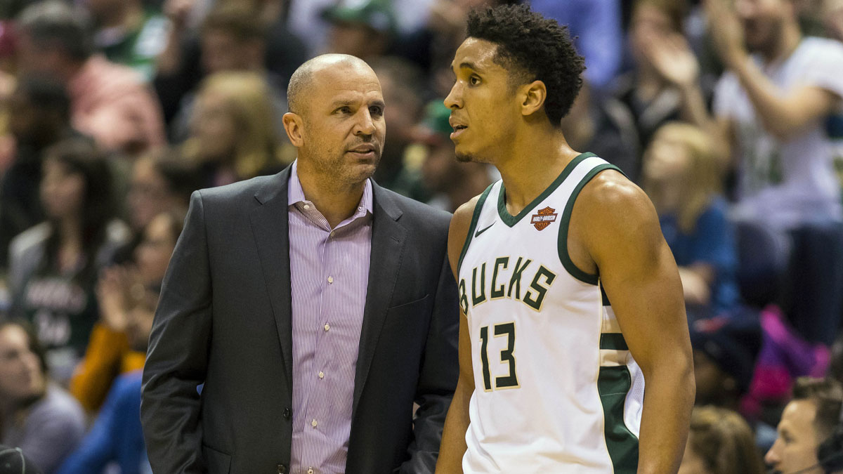 Milwaukee Bucks head coach Jason Kidd talks with guard Malcolm Brogdon (13) during the fourth quarter against the Minnesota Timberwolves at BMO Harris Bradley Center. 