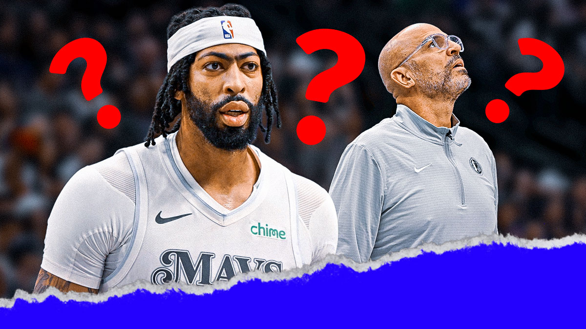 Mavericks Anthony Davis with question marks everywhere on left. Mavericks Jason Kidd on right.