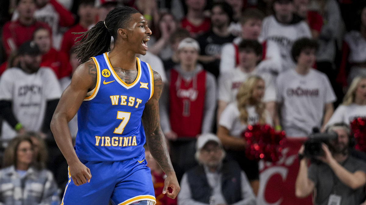 West Virginia Mountaineers guard Javon Small (7) reacts against the Cincinnati Bearcats in the first half at Fifth Third Arena.