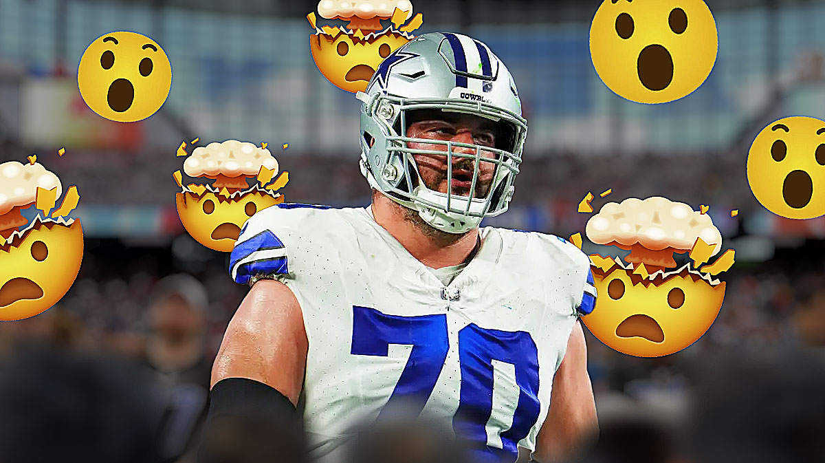 Cowboys OL Zack Martin in uniform with multiple 🤯 and 😲 emojis mixed throughout background due to the stat. Background is AT&T Stadium.