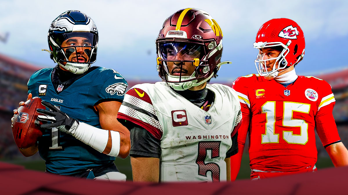 Washington Commanders star Jayden Daniels in the middle with Jalen Hurts and Patrick Mahomes on either side in front of Northwest Stadium.