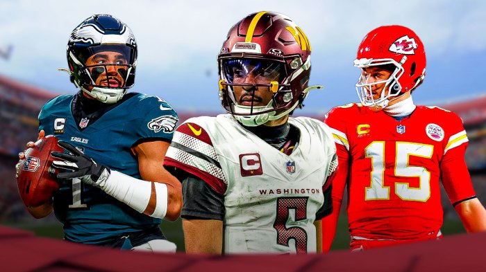 Washington Commanders star Jayden Daniels in the middle with Jalen Hurts and Patrick Mahomes on either side in front of Northwest Stadium.