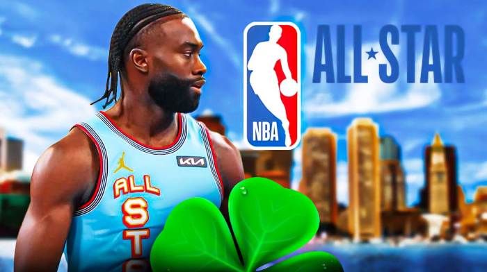 Celtics All-Star Jaylen Brown next to the All-Star Weekend logo with the Boston skyline in the background