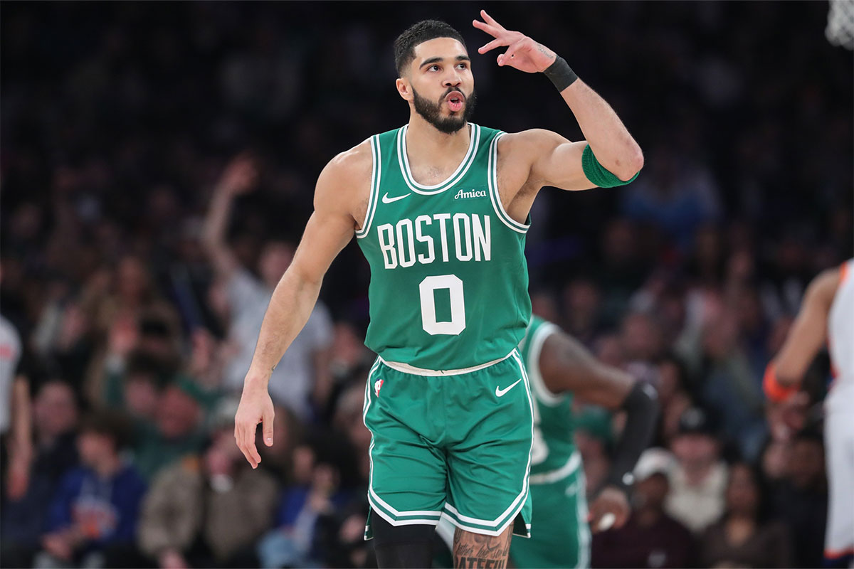 Boston Celtics Forward Jaison Tatum (0) gestures after creating three points in the first quarter of New York Knicks in Madison Square Garden.