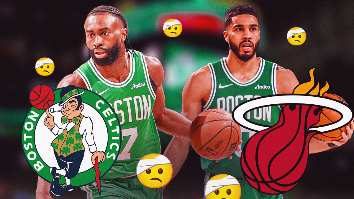 Jayson Tatum, Jaylen Brown, Boston Celtics and Miami Heat logos, injury symbols